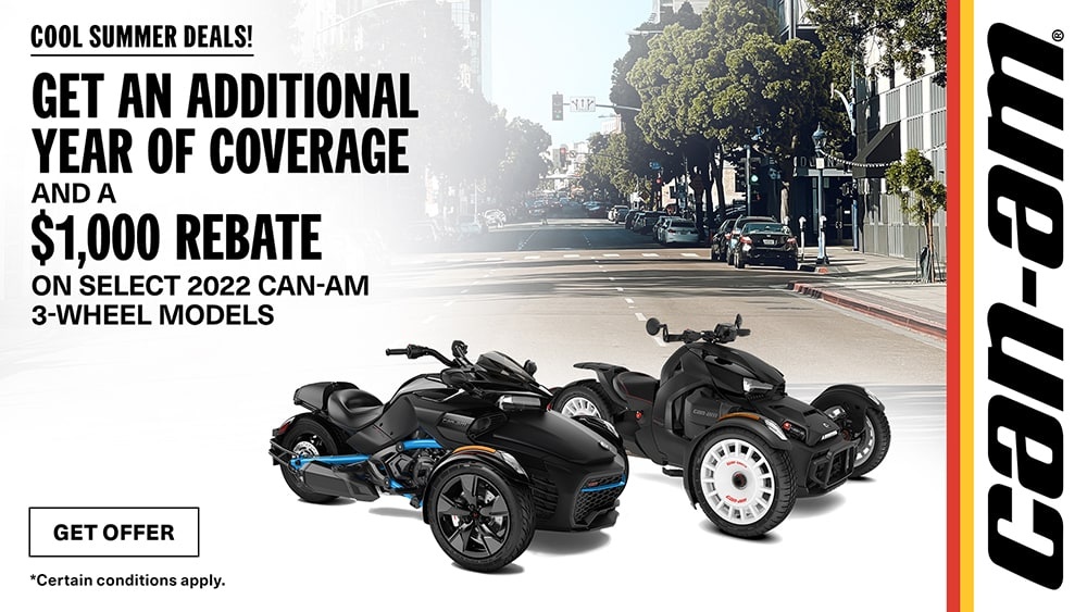 Get an additional year of coverage and a $1,000 rebate on select 2022 Can-Am 3-wheel models