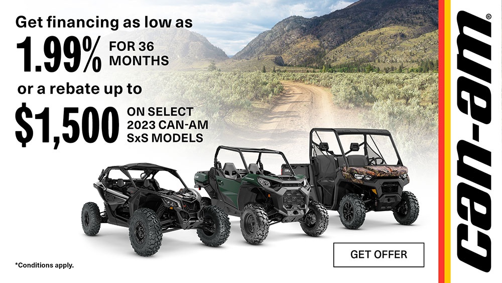 Financing as low as 1.99% for 36-months or a rebate up to $1,500 on select 2023 Can-Am SSV models