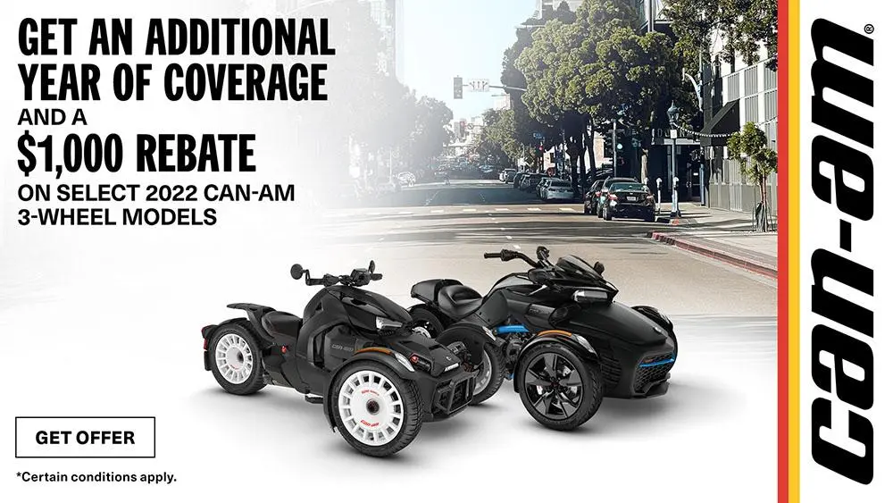 Get an additional year of coverage and a $1,000 rebate on select 2022 Can-Am 3-wheel models