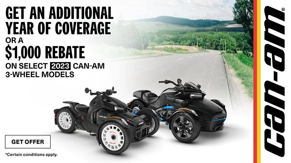 Get an additional year of coverage or a $1,000 rebate on select 2023 Can-Am 3-wheel models