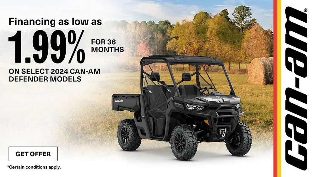 Financing as low as 1.99% for 36-months on select 2024 Can-Am Defender models