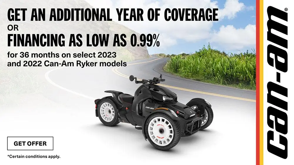 Financing as low as 0.99% for 36-months on select 2023-2022 Can-Am Ryker models