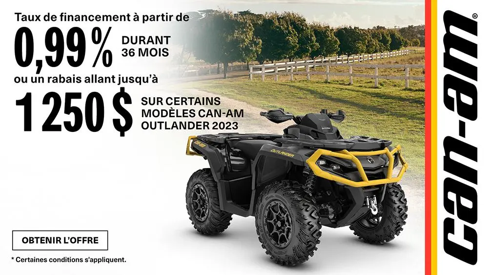 Get financing as low as 0.99% for 36 months OR up to $1250 on select 2023 Can-Am Outlander models
