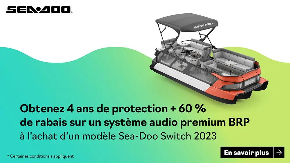 Obtenez une protection de 4 ans et 60% de rabais sur un sytème audio premium BRP a l’achat de les modeles Sea-Doo Switch 2023