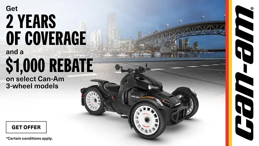 Get an additional year of coverage and a $1,000 rebate on select Can-Am 3-wheel models