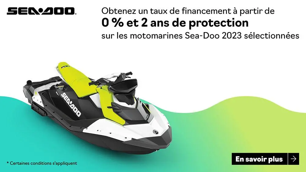 Obtenez un financement à partir de 0 % et 2 ans de couverture sur certains modèles de motomarines Sea-Doo 2023.