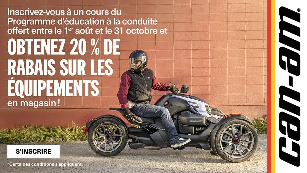 Les étudiants du programme d’éducation des motocyclistes reçoivent 20 % de rabais sur les vêtements Can-Am On-Road.