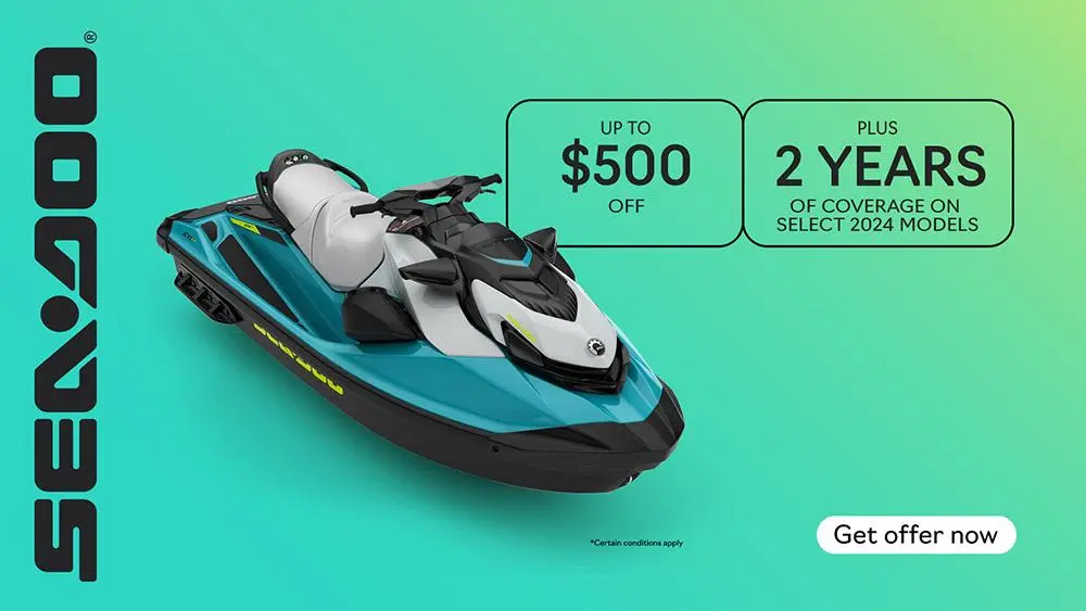 Get rebates up to $500 or 2 years of coverage on select 2024 Sea-Doo personal watercraft models