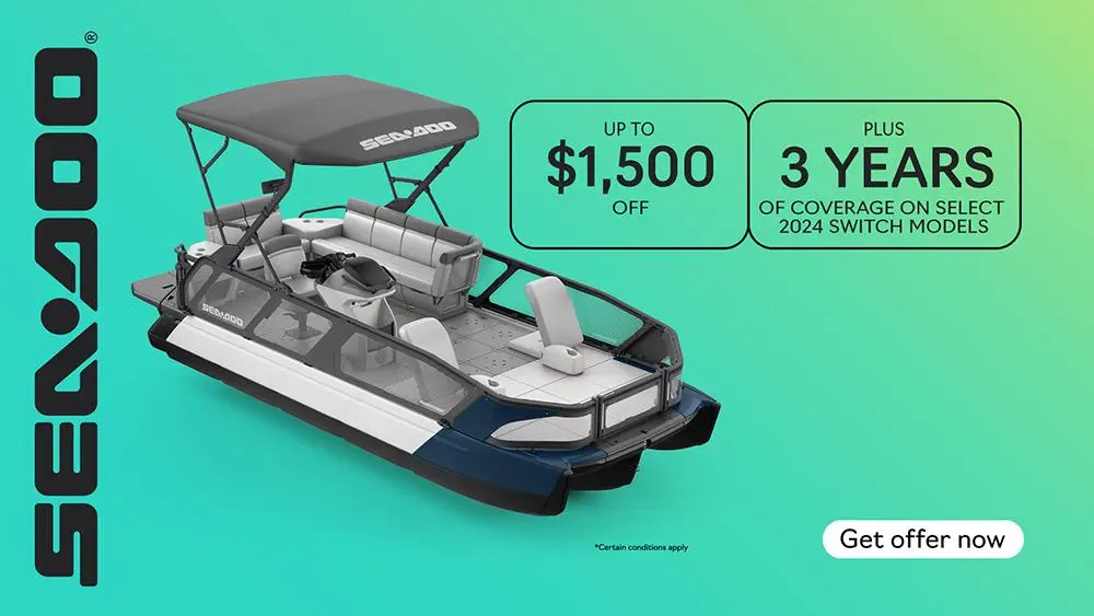 Get rebates up to $1,500 and 3 years of coverage on select 2024 Sea-Doo Switch models