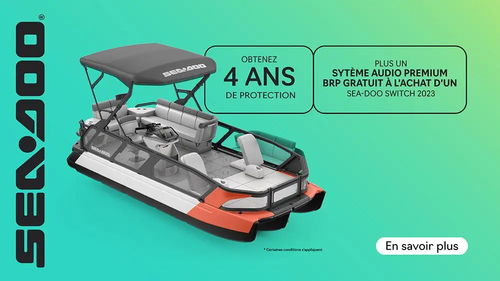 Obtenez 4 ans de protection et un sytème audio premium BRP gratuit à l’achat d’un Sea-Doo Switch 2023