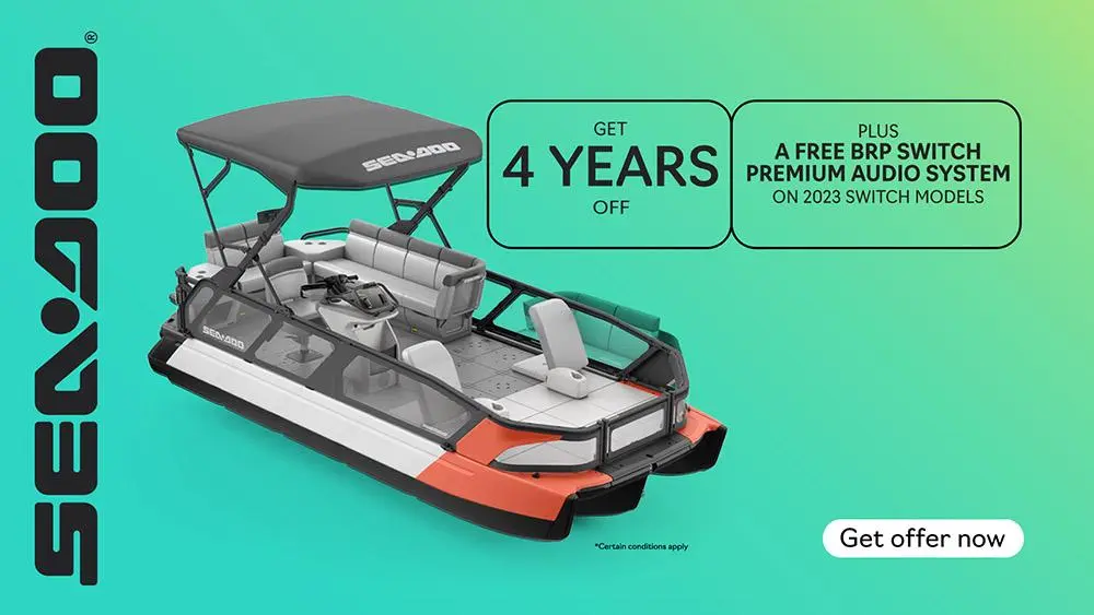 Get 4 years of coverage and a free BRP Switch Premium Audio System on 2023 Sea-Doo Switch models