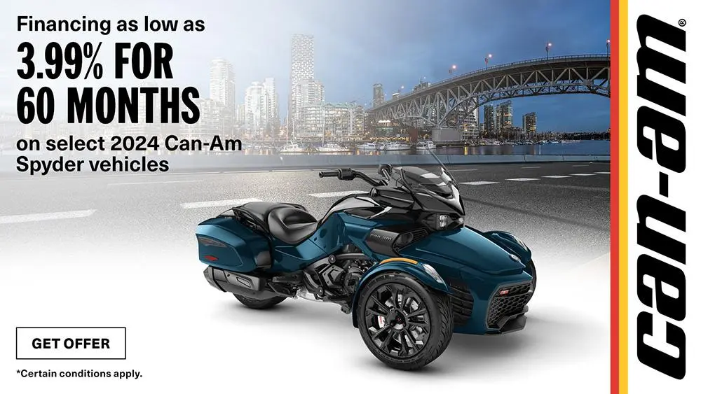 Financing as low as 3.99% for 60mo on select 2024 Can-Am Spyder Vehicles