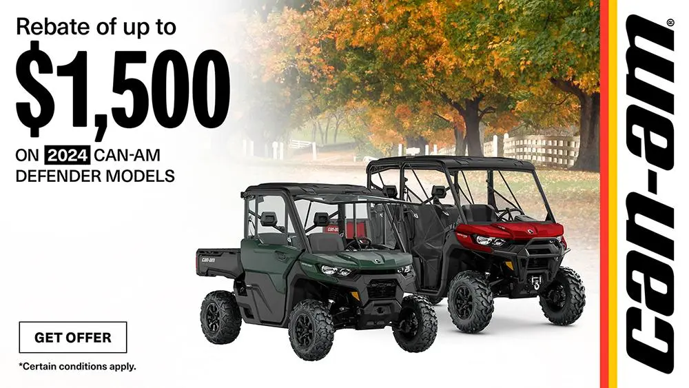 Get rebates up to $1,500 on 2024 Can-Am Defender models