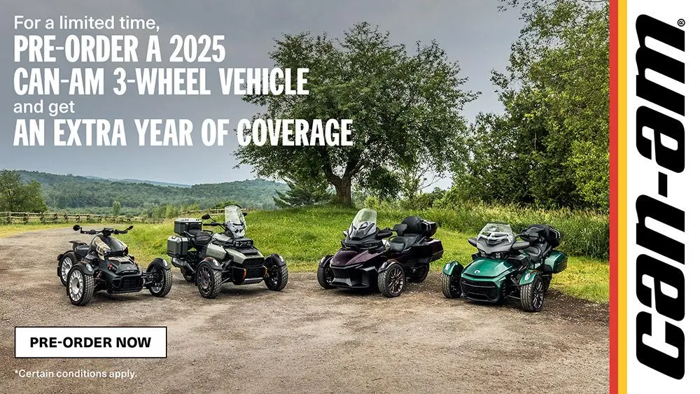 Pre-order a 2025 Can-Am 3-wheel vehicle and get one additional year of coverage