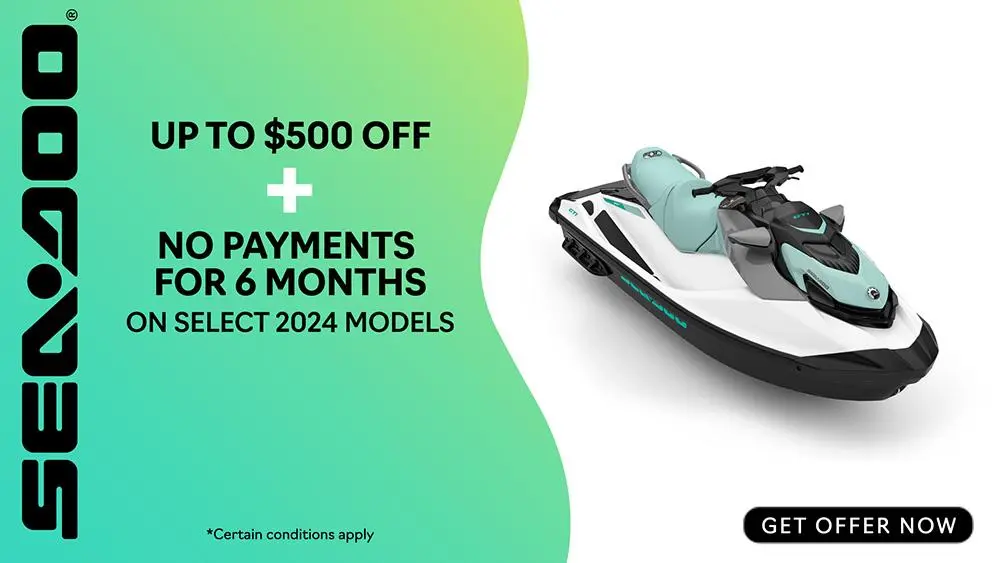 Get rebates up to $500 and six months of no payments on select 2024 Sea-Doo personal watercraft models