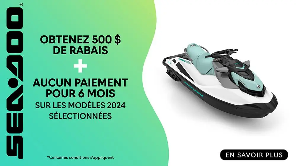 Obtenez 500 $ de rabais et aucun paiement pour 6 mois sur les motomarines Sea-Doo 2024 sélectionnées