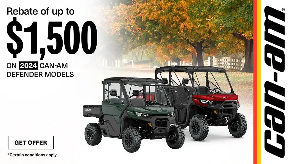 Get rebates up to $1,500 on 2024 Can-Am Defender CAB models