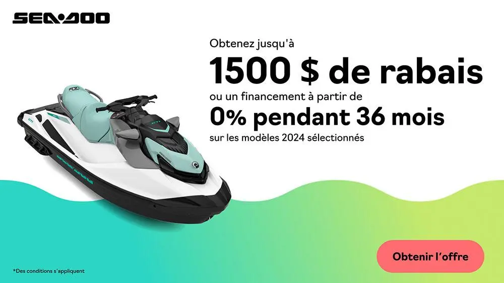 Obtenez 1 500 $ de rabais ou du financement à partir de 0% pour 36 mois sur les motomarines Sea-Doo 2024 sélectionnées