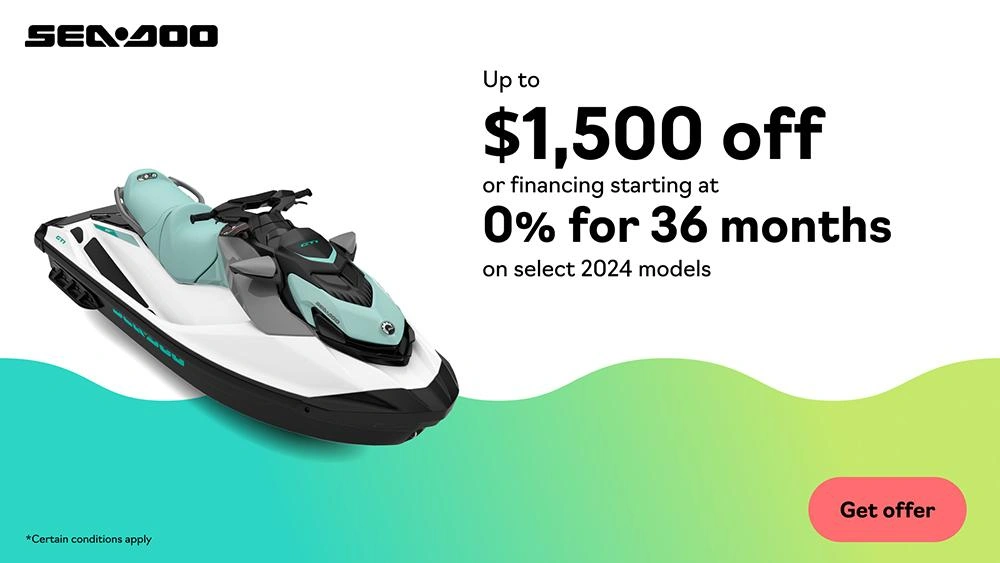 Rebates up to $1,500 or financing starting at 0% for 36 months on select 2024 Sea-Doo personal watercraft models