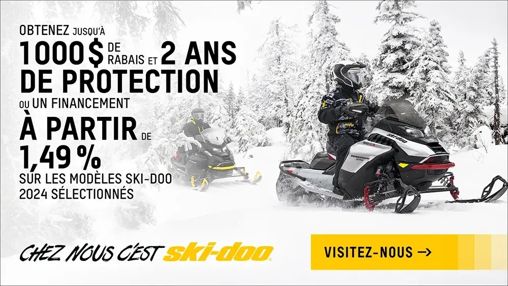 Obtenez un rabais allant jusqu’à 1 000 $ et 2 ans de protection ou du financement à partir de 1,49 % sur les modèles Ski-Doo 2024 sélectionnés
