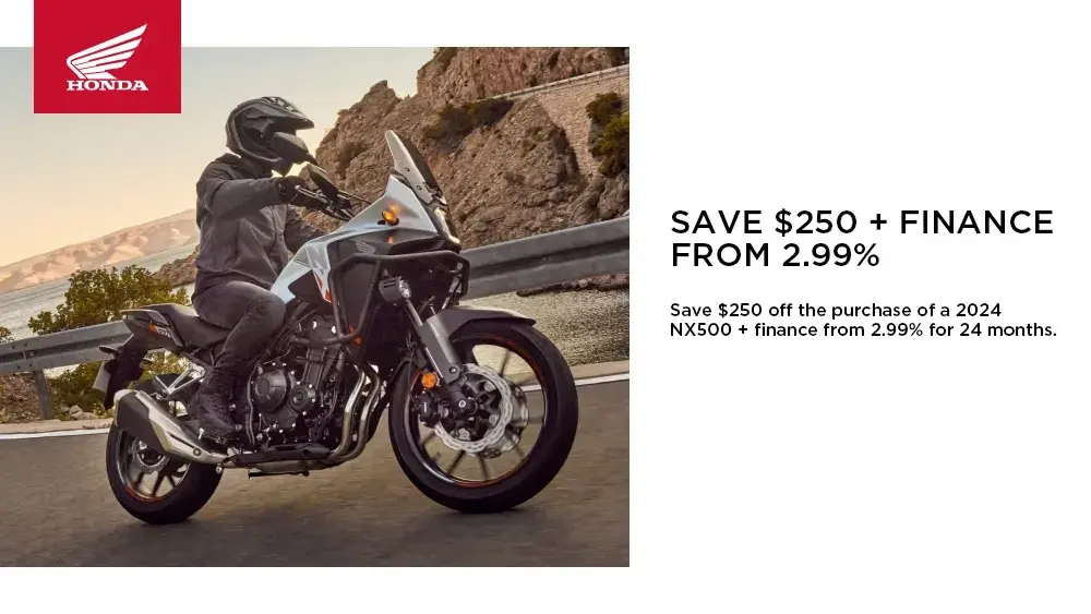 HONDA – 2024 NX500 – SAVE $250 + FINANCE FROM 2.99%