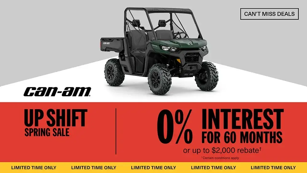 Get financing as low as 0% for 60 months or a rebate of up to $2,000 on select Can-Am Defender models