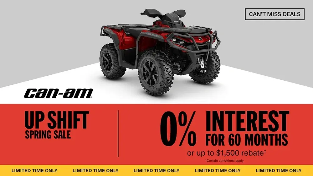 Get financing as low as 0% for 60 months or a rebate of up to $1,500 on select Can-Am Outlander models