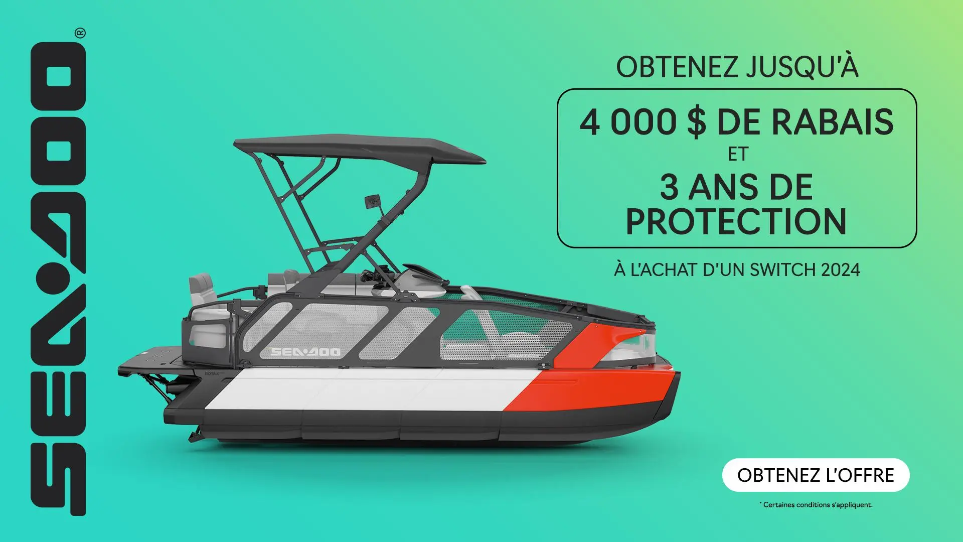 Obtenez jusqu’à 4 000 $ de rabais et 3 ans de protection à l’achat d’un Sea-Doo Switch 2024