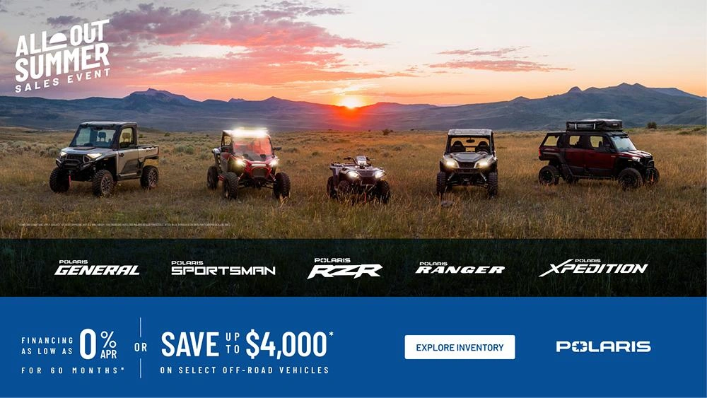 Polaris UTVs and ATVs on sale up to $4000 Off Select Off-Road Vehicles Financing as Low as 0% for 60 months. alt