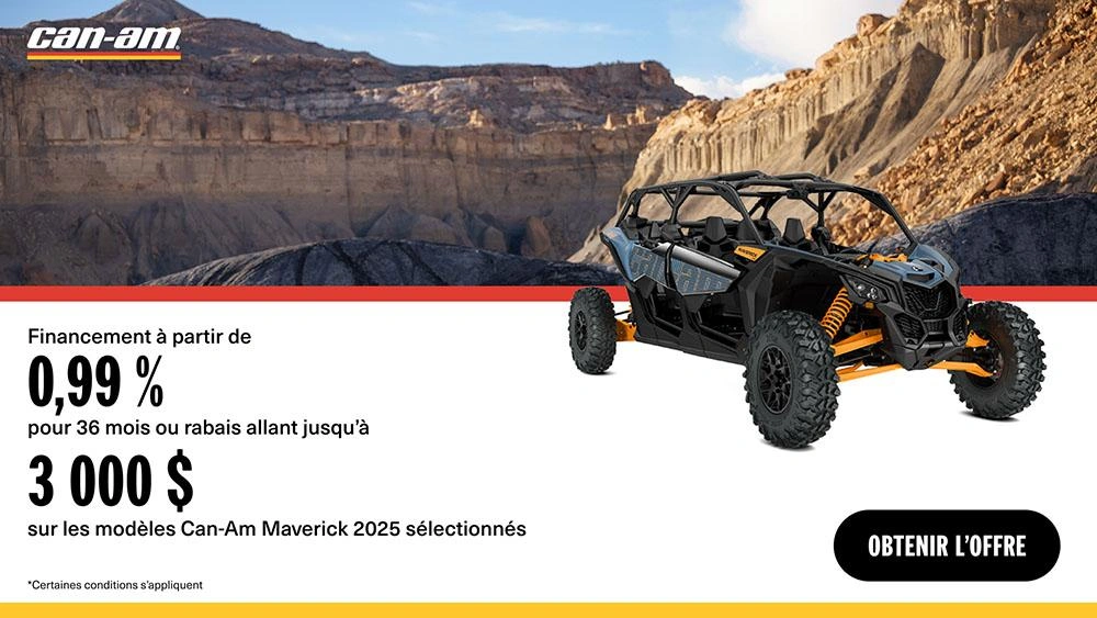 Rabais allant jusqu'à 3 000 $ ou financement aussi bas que 0.99 % / 36 mois sur certains modèles Can-Am Maverick X3 2025 alt