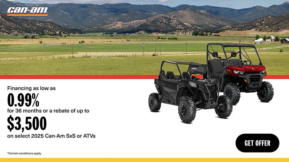 Financing as low as 0.99% for 36 months or a rebate of up to $3,500 on select 2025 Can-Am SxS or ATVs models alt
