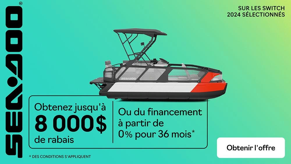 Obtenez jusqu'à 8 000 $ de rabais ou du financement à partir de 0% pour 36 moins à l'achat d'un modèle Sea-Doo Switch 2024 sélectionné alt
