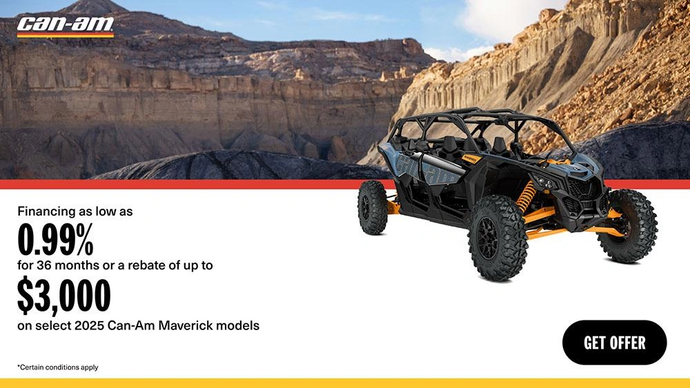 Financing as low as 0.99% for 36 months or a rebate of up to $3,000 on select 2025 Can-Am Maverick models alt