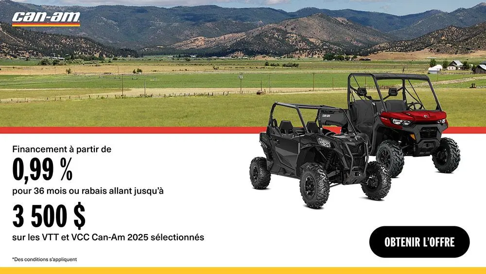 Rabais allant jusqu'à 3 500 $ ou financement aussi bas que 0.99 % / 36 mois sur certains modèles Can-Am hors-route