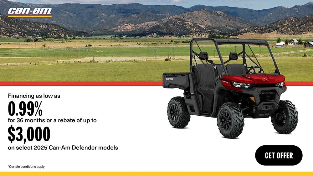 Financing as low as 0.99% for 36 months or a rebate of up to $3,000 on select 2025 Can-Am Defender models alt
