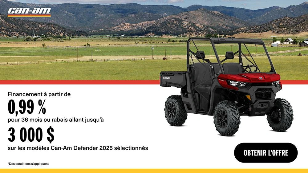 Rabais allant jusqu'à 3 000 $ ou financement aussi bas que 0.99 % / 36 mois sur certains modèles Can-Am Defender 2025 alt