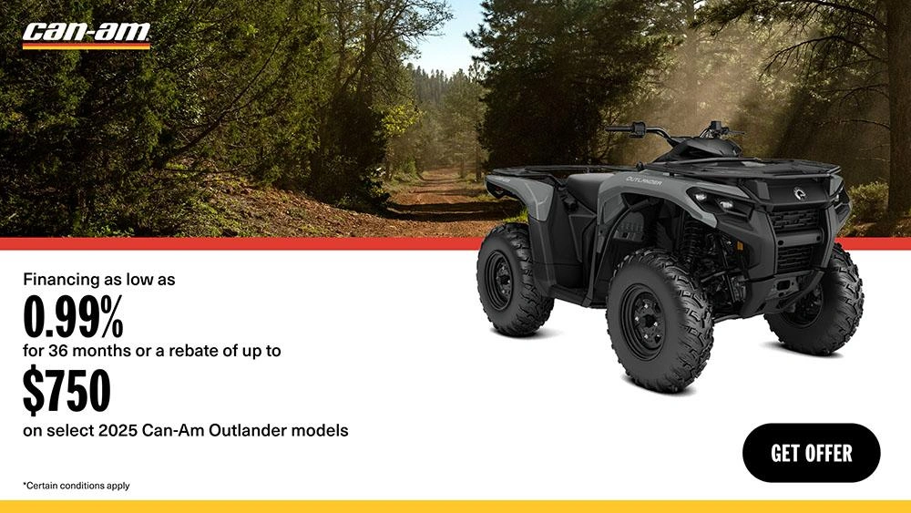 Financing as low as 0.99% for 36 months or a rebate of up to $750 on select 2025 Can-Am Outlander models alt