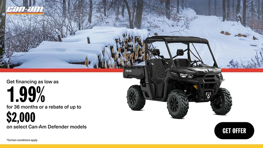 Get financing as low as 1.99% for 36 months or a rebate of up to $2,000 on select Can-Am Defender models alt