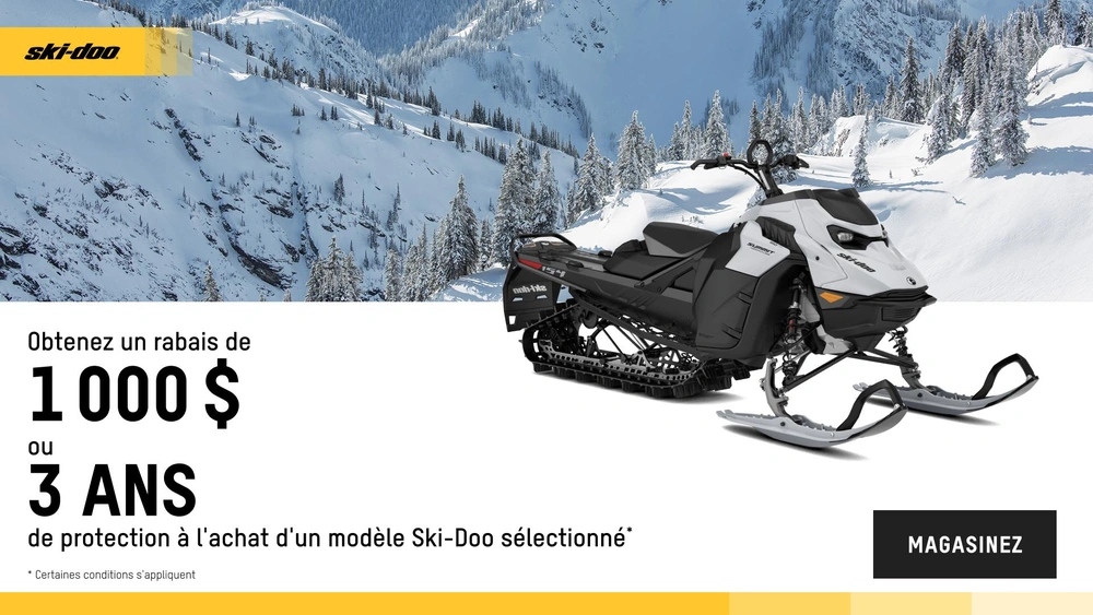 Obtenez un rabais de 1 000 $ ou 3 ans de protection ou du financement promotionnel à partir de 1,99 % pour 36 mois à l'achat d'un modèle Ski-Doo ou Lynx 2025 sélectionné (deep snow) alt