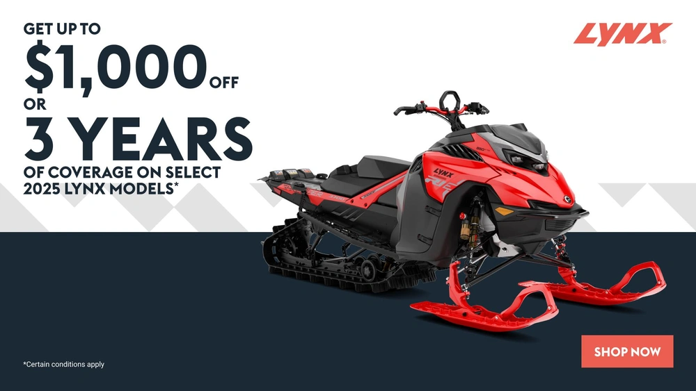 Get a $1,000 rebate or 3 years of coverage or financing starting at 1.99% for 36 months on select 2025 Ski-Doo and Lynx models (deep snow) alt