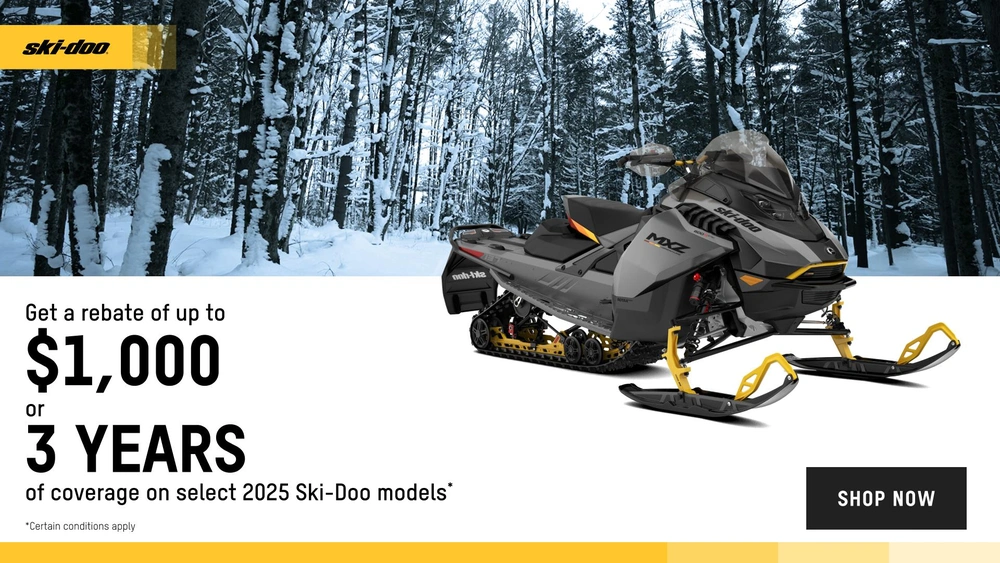 Get a $1,000 rebate or 3 years of coverage or financing starting at 1.99% for 36 months on select 2025 Ski-Doo and Lynx models (trail) alt