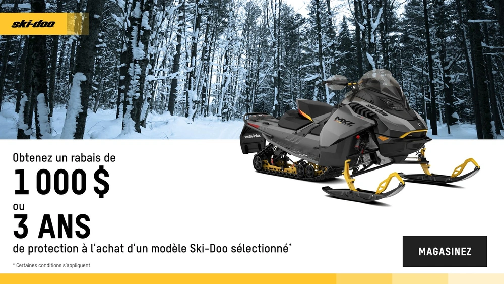 Obtenez un rabais de 1 000 $ ou 3 ans de protection ou du financement promotionnel à partir de 1,99 % pour 36 mois à l'achat d'un modèle Ski-Doo ou Lynx 2025 sélectionné (trail) alt