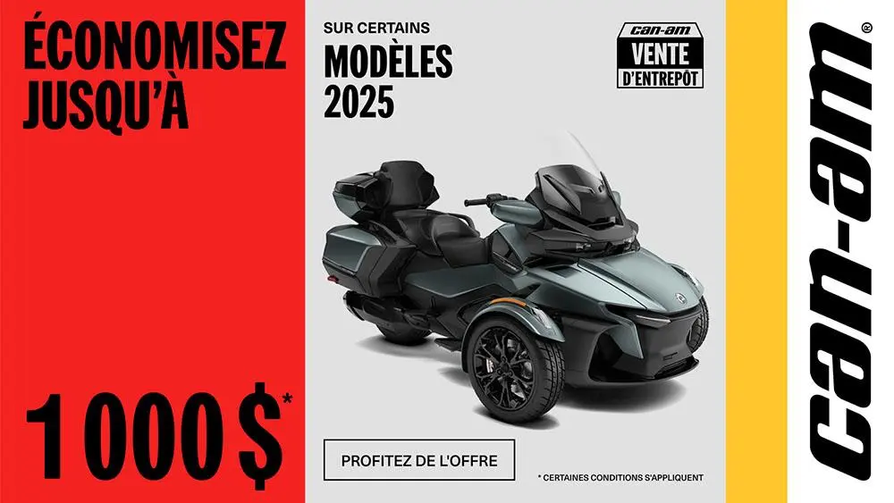 Obtenez un rabais jusqu'à 1 000 $ ou du financement à partir de 1.99 % pour 36 mois sur tous les modèles Can-Am 3 roues 2025