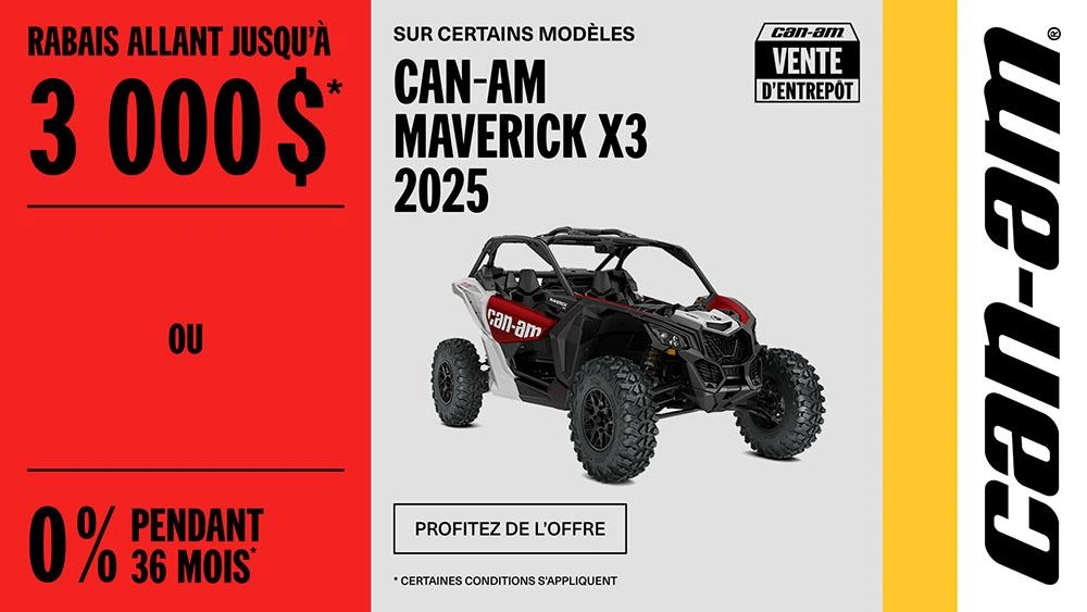 Rabais jusqu'à 3 000 $ ou 0 % pendant 36 mois sur certains modèles Can-Am Maverick X3 2025 alt