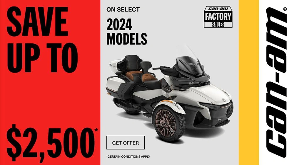 Get a rebate up to $2,500 or an additional year of coverage or financing starting at 2.99% for 60 months on 2024 Can-Am 3-Wheels alt