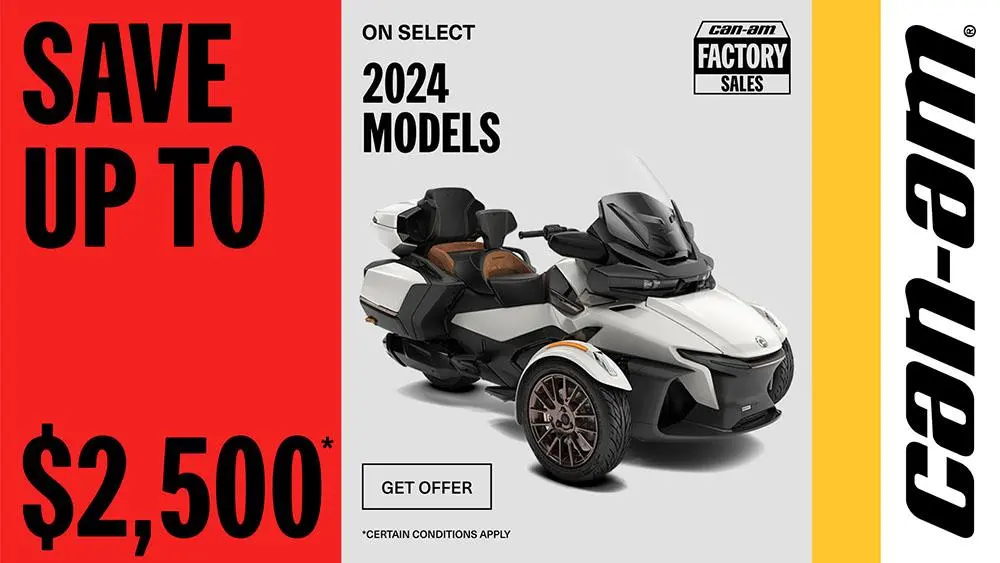 Get a rebate up to $2,500 or an additional year of coverage or financing starting at 2.99% for 60 months on 2024 Can-Am 3-Wheels
