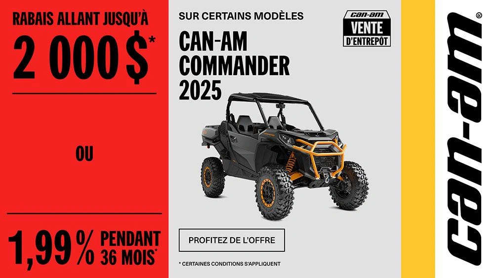 Rabais jusqu'à 2 000 $ ou 1,99 % pendant 36 mois sur certains modèles Can-Am Commander 2025 alt