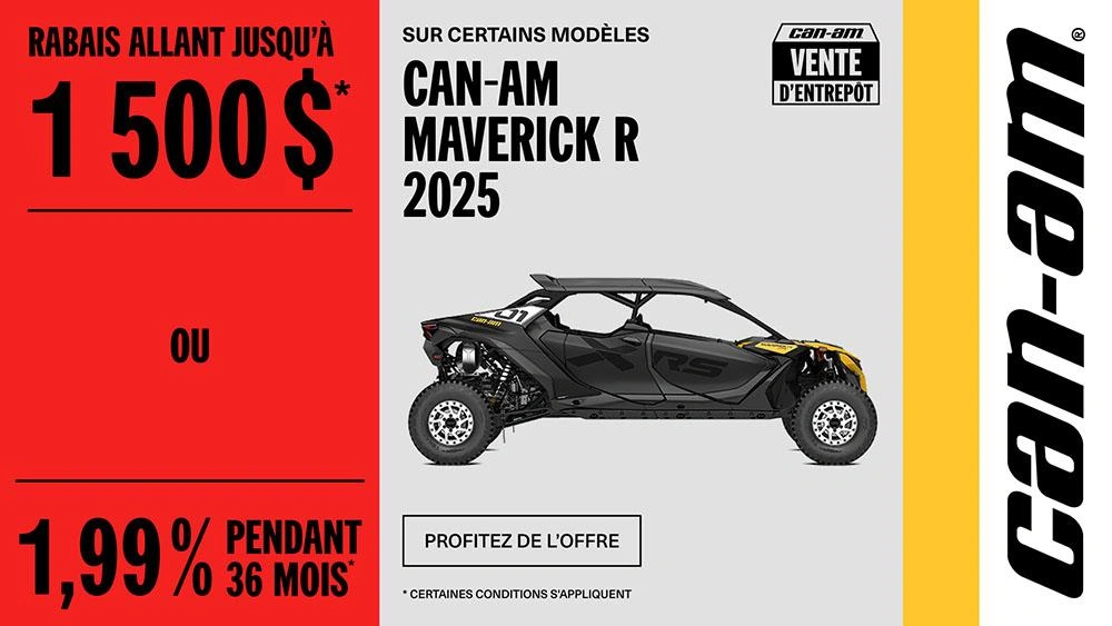 Rabais jusqu'à 1 500 $ ou 1,99 % pendant 36 mois sur certains modèles Can-Am Maverick R 2025 alt