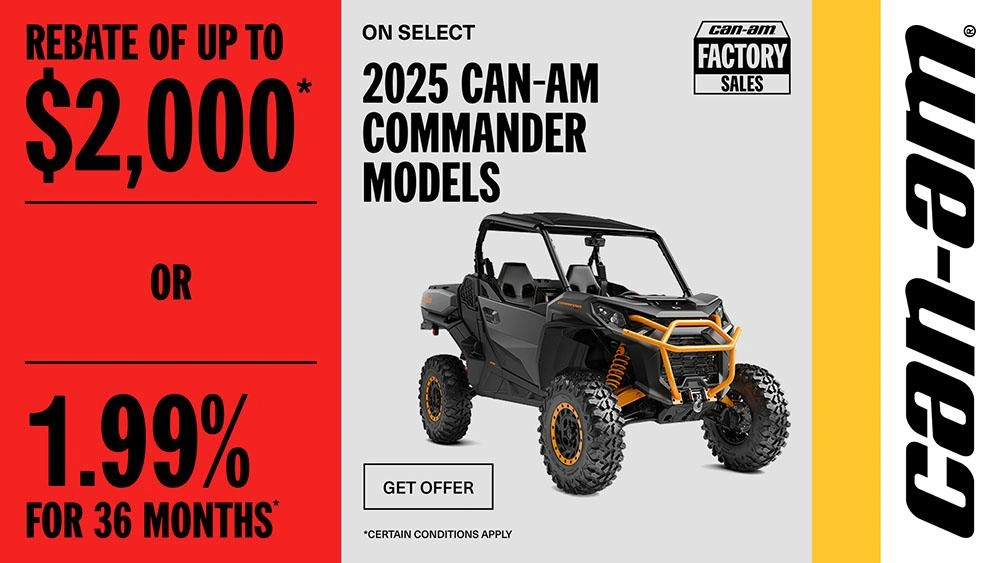 Rebate of up to $2,000 or 1.99% for 36 months on select 2025 Can-Am Commander models alt