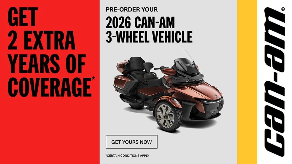 Pre-order a 2026 Can-Am 3-wheel vehicle and get two additional years of coverage alt